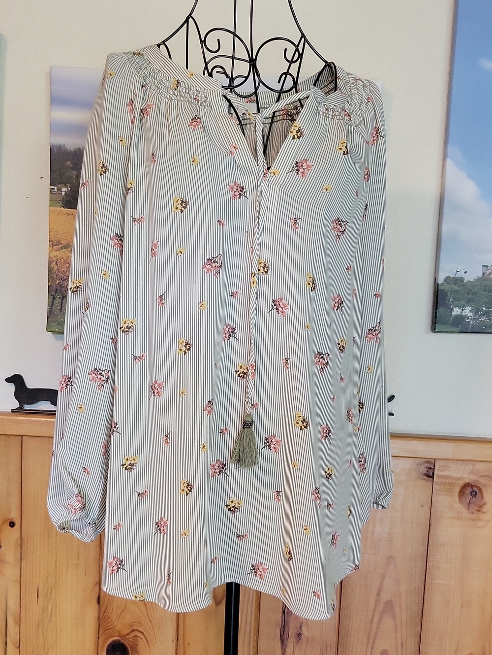 Light Green Floral Stripe Peasant Blouse with Tassel Tie